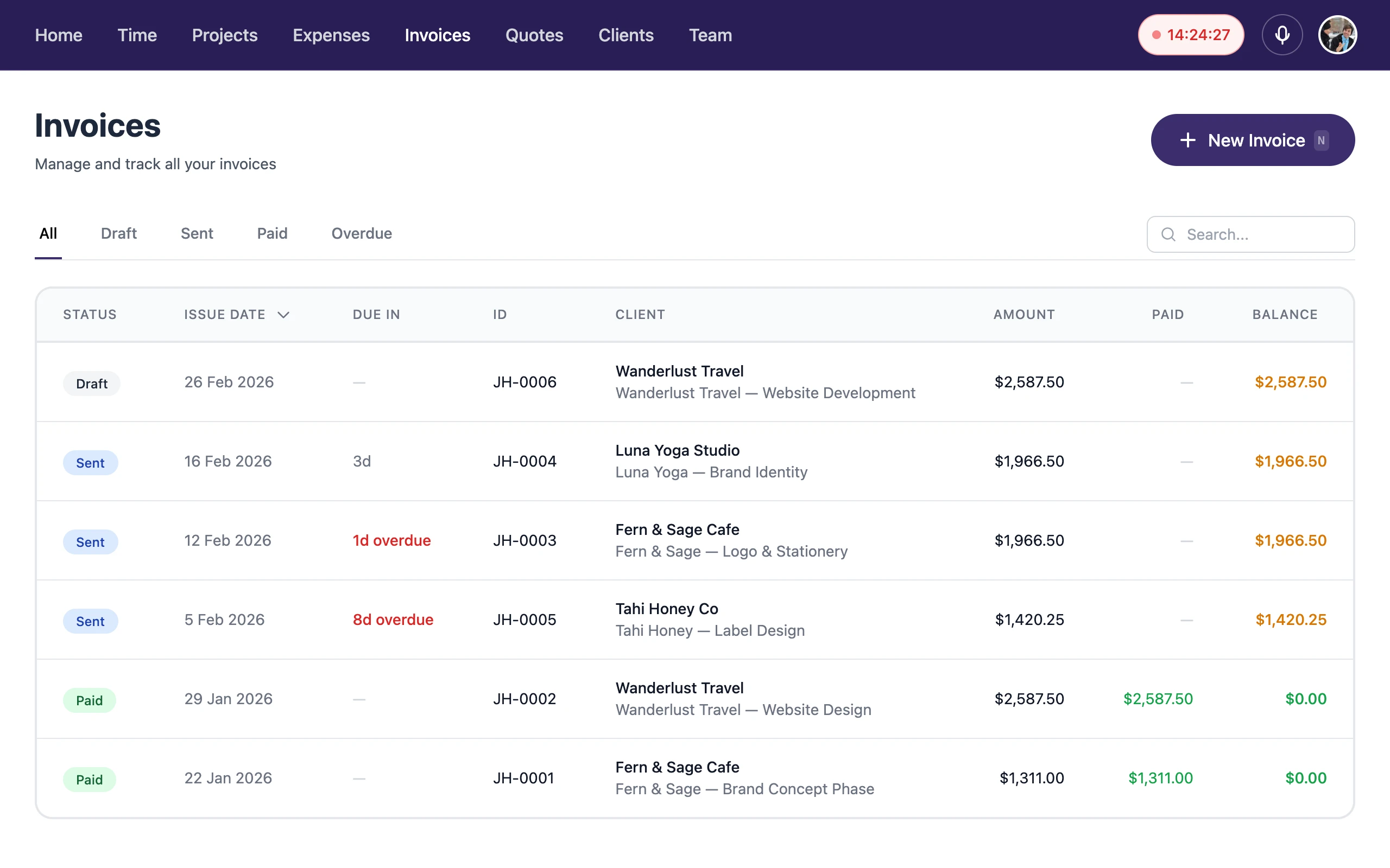HeyGopher Invoices — draft, sent, paid, and overdue invoice management